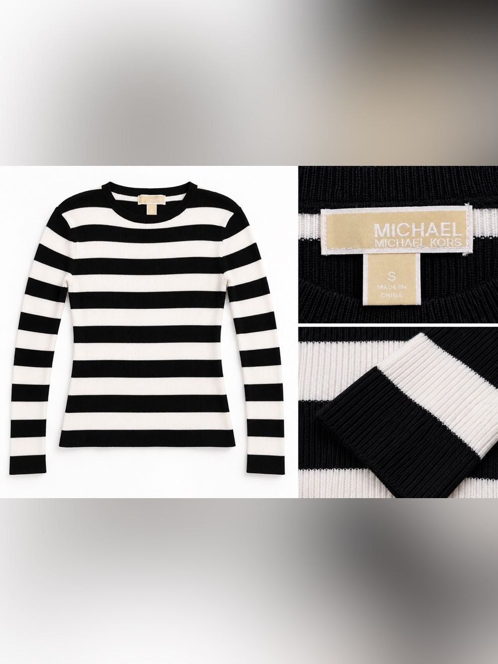 MICHAEL Michael Kors Black and White Striped Long-Sleeve Top